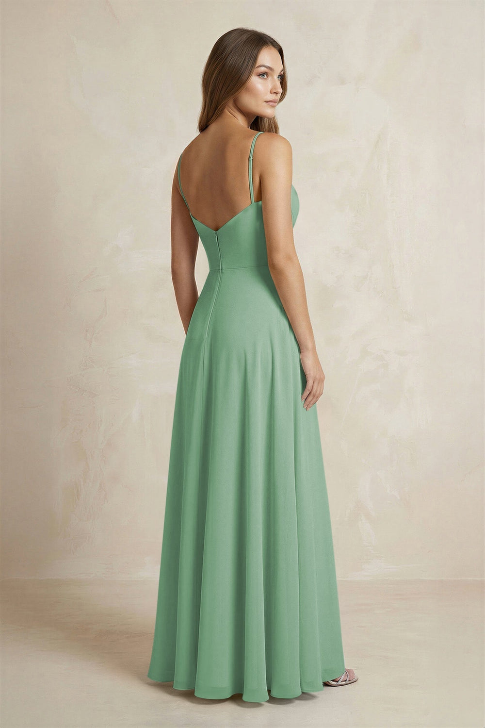A - Line Cami Strap Chiffon Bridesmaid Dress With Slit in Sea Glass - KISS BRIDAL Bridesmaid Dresses