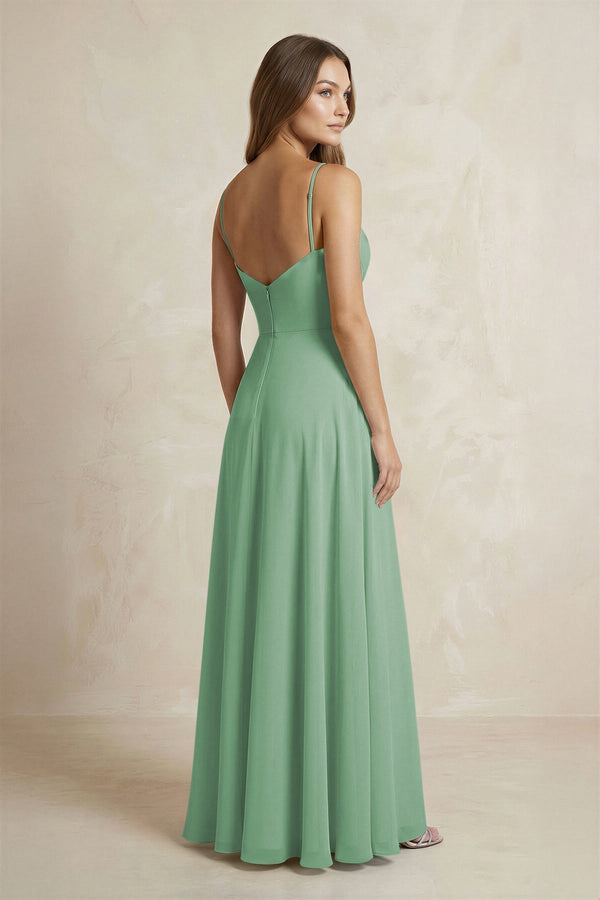 A - Line Cami Strap Chiffon Bridesmaid Dress With Slit in Sea Glass - KISS BRIDAL Bridesmaid Dresses