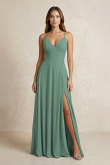 A-Line Cami Strap Chiffon Bridesmaid Dress With Slit in Sea Glass | KISSBRIDAL