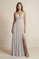 A - Line Cami Strap Chiffon Bridesmaid Dress With Slit in Silver - KISS BRIDAL Bridesmaid Dresses