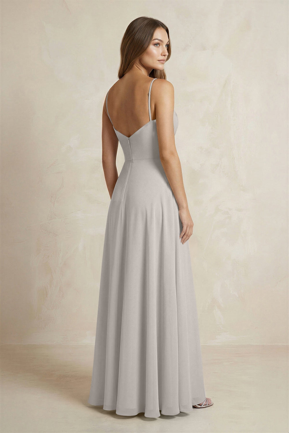 A - Line Cami Strap Chiffon Bridesmaid Dress With Slit in Silver - KISS BRIDAL Bridesmaid Dresses