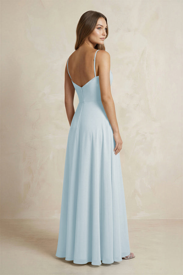 A-Line Cami Strap Chiffon Bridesmaid Dress With Slit in Sky Blue (2) | KISSBRIDAL