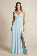 A - Line Cami Strap Chiffon Bridesmaid Dress With Slit in Sky Blue - KISS BRIDAL Bridesmaid Dresses