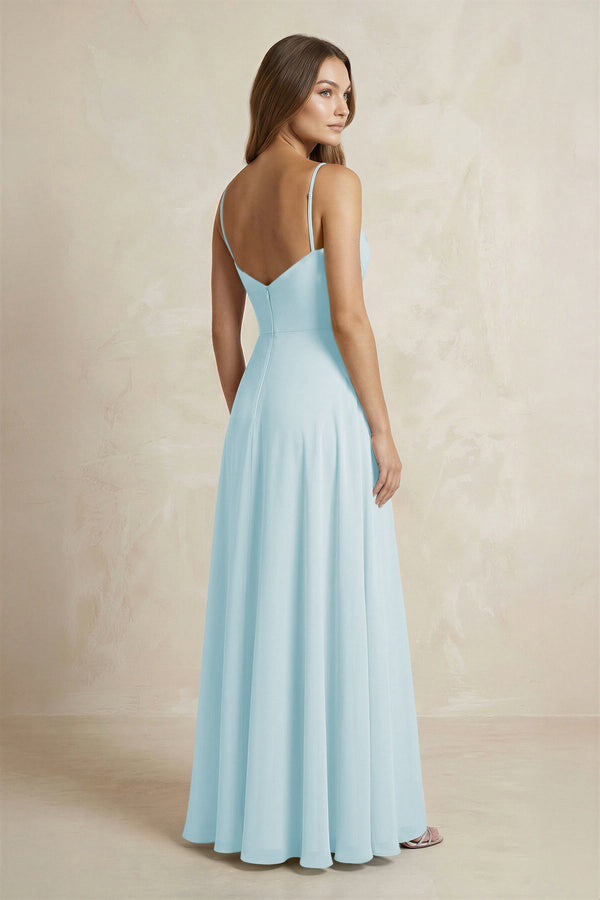 A - Line Cami Strap Chiffon Bridesmaid Dress With Slit in Sky Blue - KISS BRIDAL Bridesmaid Dresses