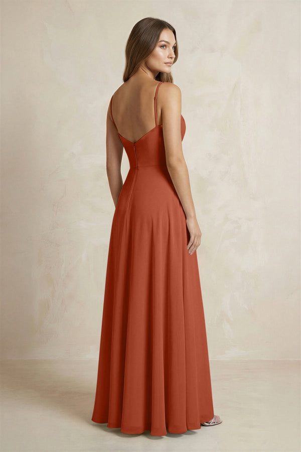 A - Line Cami Strap Chiffon Bridesmaid Dress With Slit in Spice - KISS BRIDAL Bridesmaid Dresses