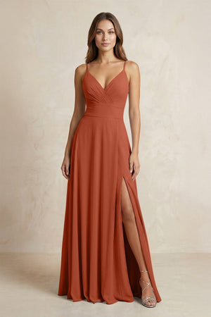 A - Line Cami Strap Chiffon Bridesmaid Dress With Slit in Spice - KISS BRIDAL Bridesmaid Dresses