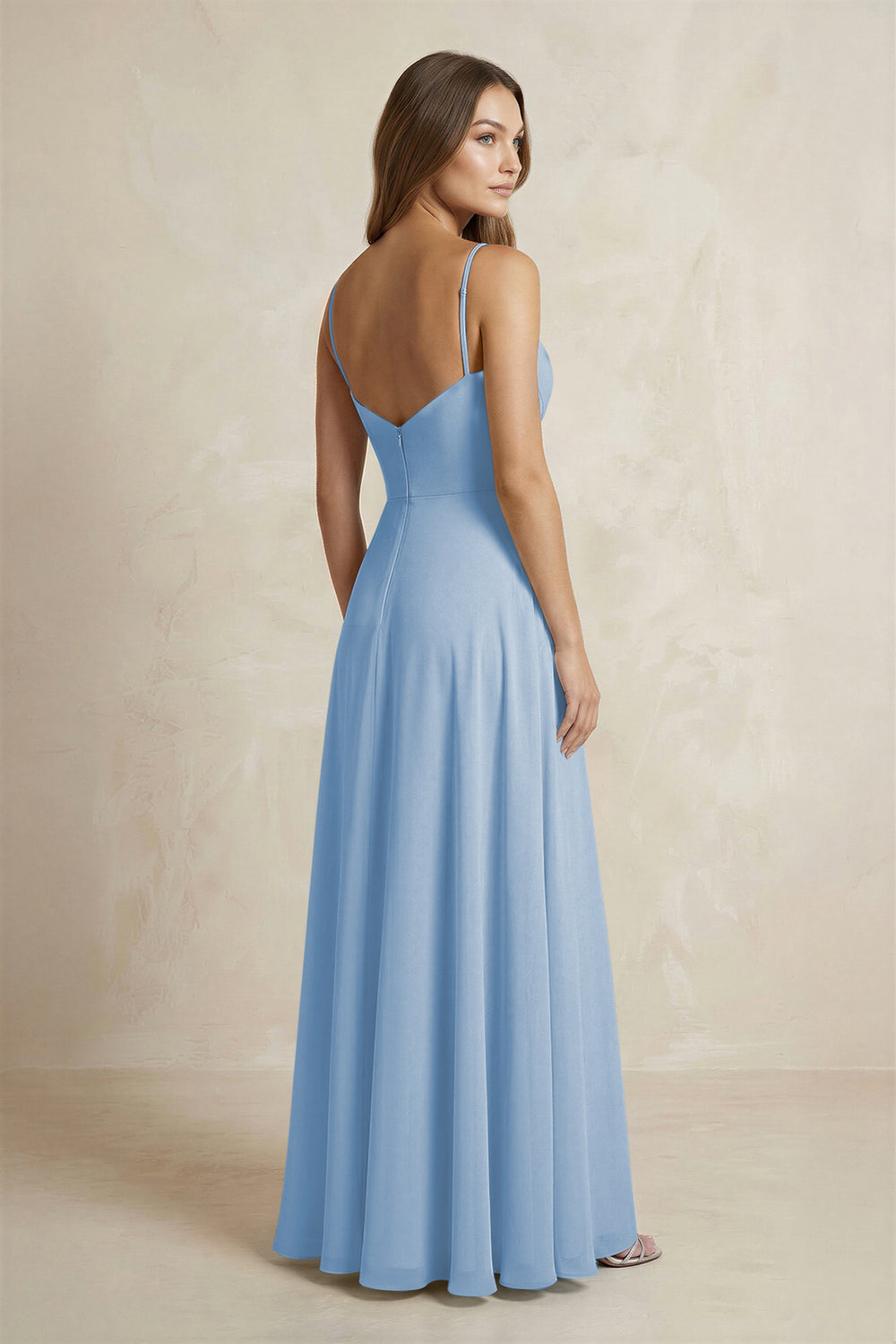 A-Line Cami Strap Chiffon Bridesmaid Dress With Slit in Steel Blue