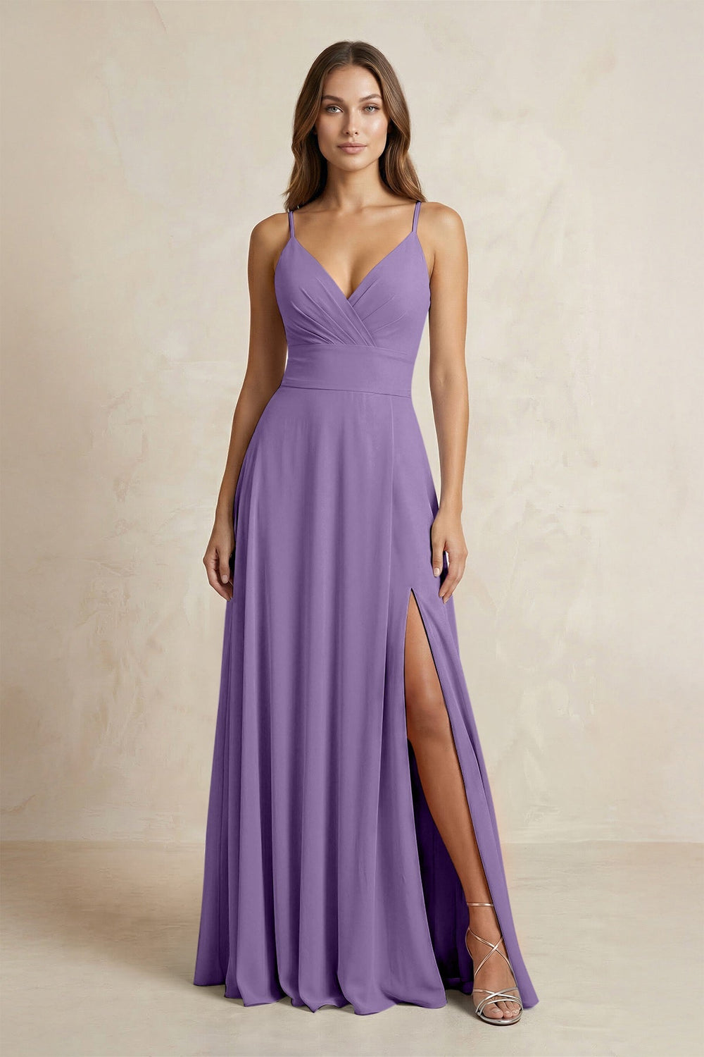 A - Line Cami Strap Chiffon Bridesmaid Dress With Slit in Tahiti - KISS BRIDAL Bridesmaid Dresses