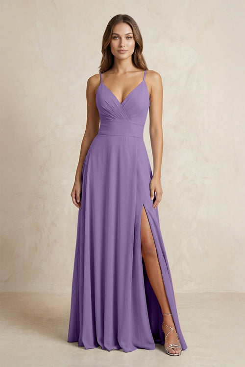 A - Line Cami Strap Chiffon Bridesmaid Dress With Slit in Tahiti - KISS BRIDAL Bridesmaid Dresses