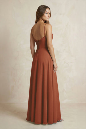 A-Line Cami Strap Chiffon Bridesmaid Dress With Slit in Terracotta (2) | KISSBRIDAL
