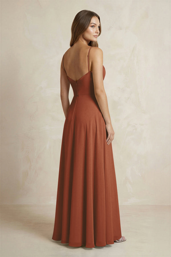 A-Line Cami Strap Chiffon Bridesmaid Dress With Slit in Terracotta (2) | KISSBRIDAL