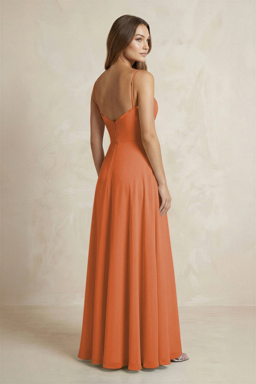 A - Line Cami Strap Chiffon Bridesmaid Dress With Slit in Terracotta - KISS BRIDAL Bridesmaid Dresses