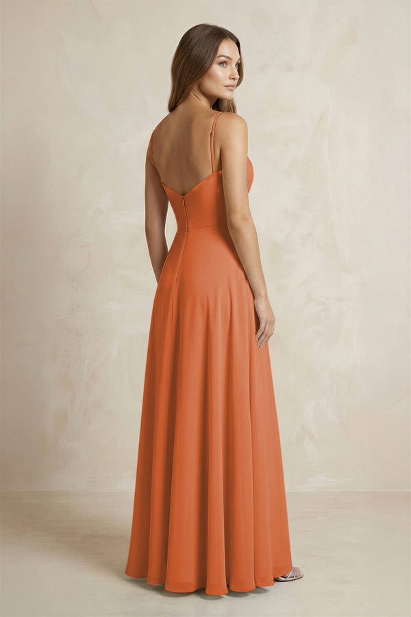 A - Line Cami Strap Chiffon Bridesmaid Dress With Slit in Terracotta - KISS BRIDAL Bridesmaid Dresses
