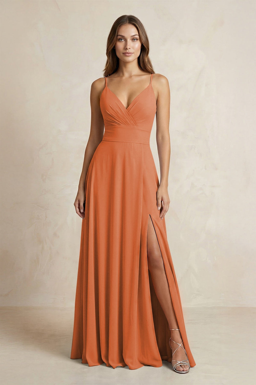 A - Line Cami Strap Chiffon Bridesmaid Dress With Slit in Terracotta - KISS BRIDAL Bridesmaid Dresses