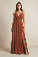 A-Line Cami Strap Chiffon Bridesmaid Dress With Slit in Terracotta | KISSBRIDAL