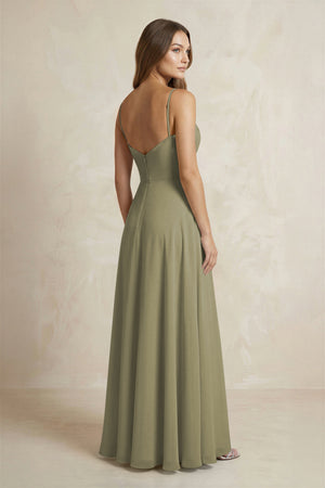A-Line Cami Strap Chiffon Bridesmaid Dress With Slit in Thyme (2) | KISSBRIDAL