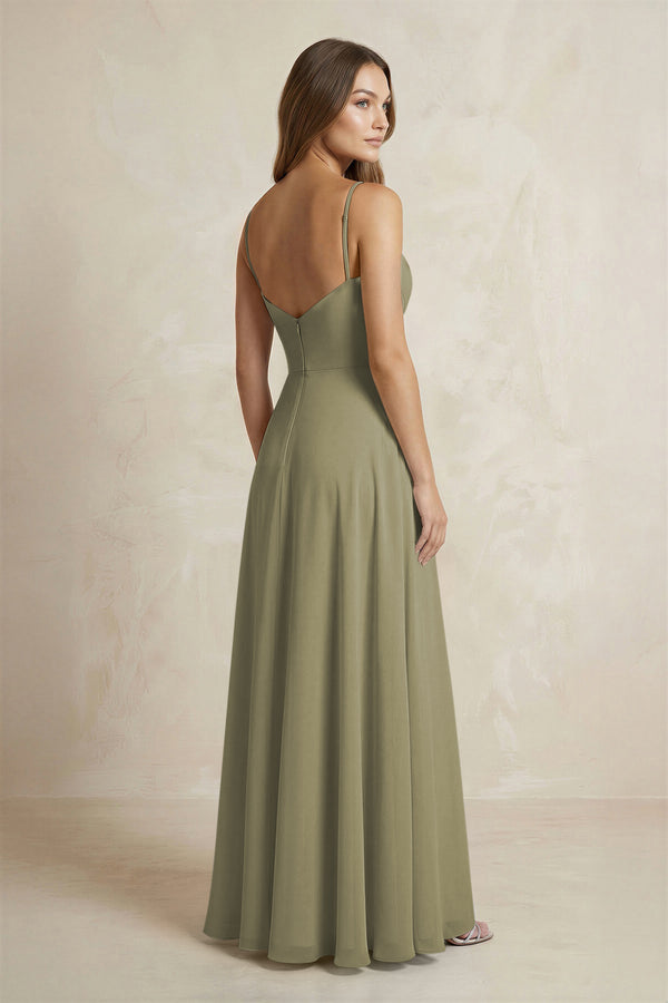 A-Line Cami Strap Chiffon Bridesmaid Dress With Slit in Thyme (2) | KISSBRIDAL