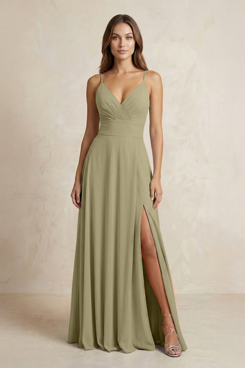 A - Line Cami Strap Chiffon Bridesmaid Dress With Slit in Thyme - KISS BRIDAL Bridesmaid Dresses