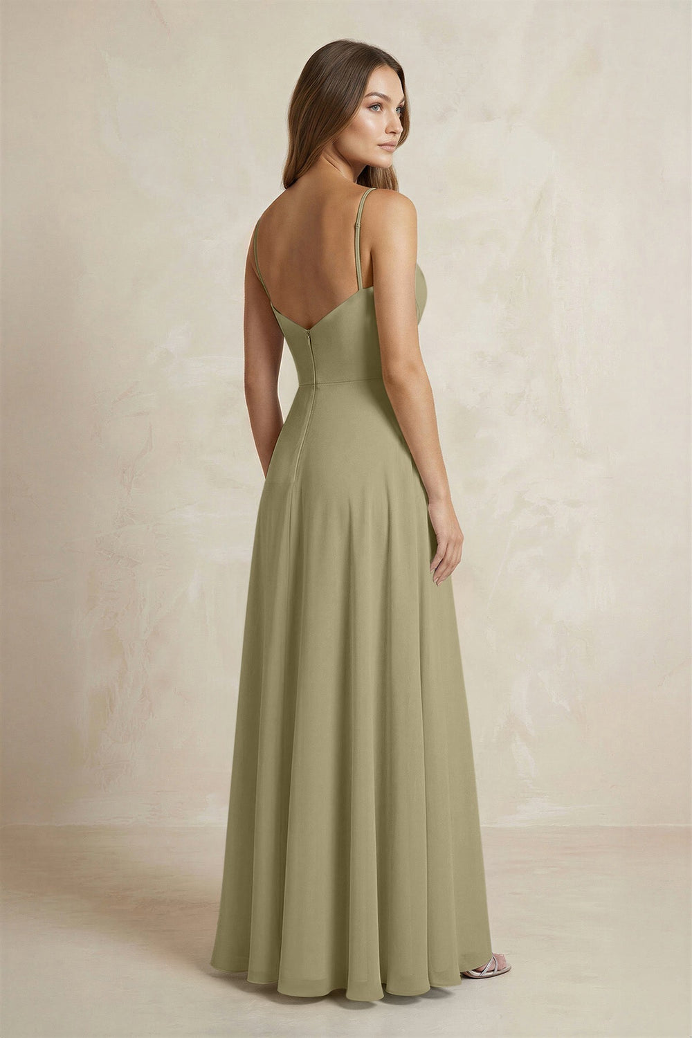 A - Line Cami Strap Chiffon Bridesmaid Dress With Slit in Thyme - KISS BRIDAL Bridesmaid Dresses