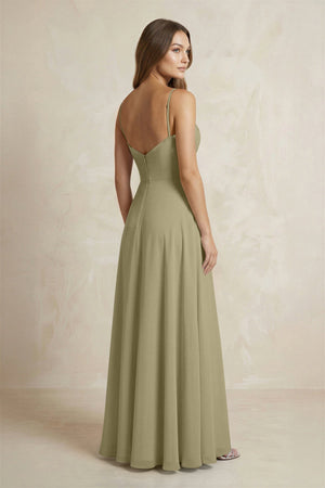 A - Line Cami Strap Chiffon Bridesmaid Dress With Slit in Thyme - KISS BRIDAL Bridesmaid Dresses