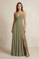 A-Line Cami Strap Chiffon Bridesmaid Dress With Slit in Thyme | KISSBRIDAL
