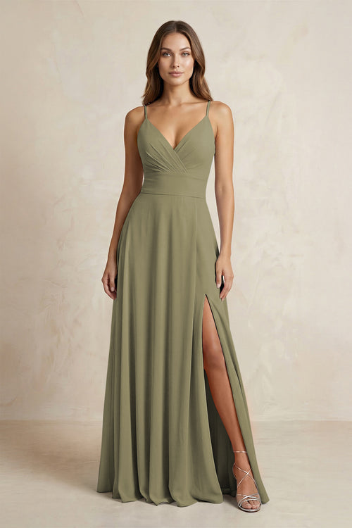 A-Line Cami Strap Chiffon Bridesmaid Dress With Slit in Thyme | KISSBRIDAL