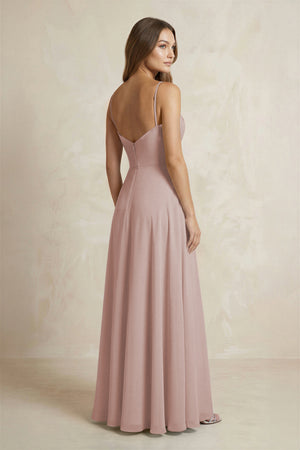 A-Line Cami Strap Chiffon Bridesmaid Dress With Slit in Toffee (2) | KISSBRIDAL
