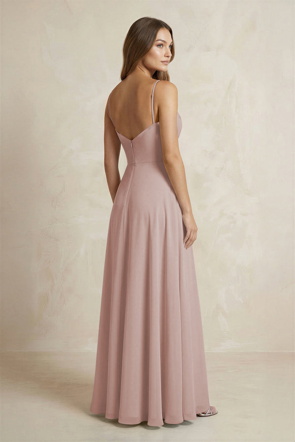 A-Line Cami Strap Chiffon Bridesmaid Dress With Slit in Toffee (2) | KISSBRIDAL