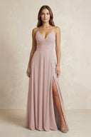 A - Line Cami Strap Chiffon Bridesmaid Dress With Slit in Toffee - KISS BRIDAL Bridesmaid Dresses