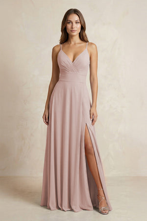 A - Line Cami Strap Chiffon Bridesmaid Dress With Slit in Toffee - KISS BRIDAL Bridesmaid Dresses