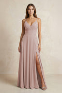 A-Line Cami Strap Chiffon Bridesmaid Dress With Slit in Toffee | KISSBRIDAL