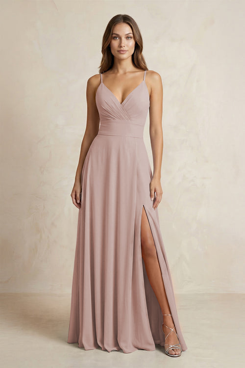 A-Line Cami Strap Chiffon Bridesmaid Dress With Slit in Toffee | KISSBRIDAL