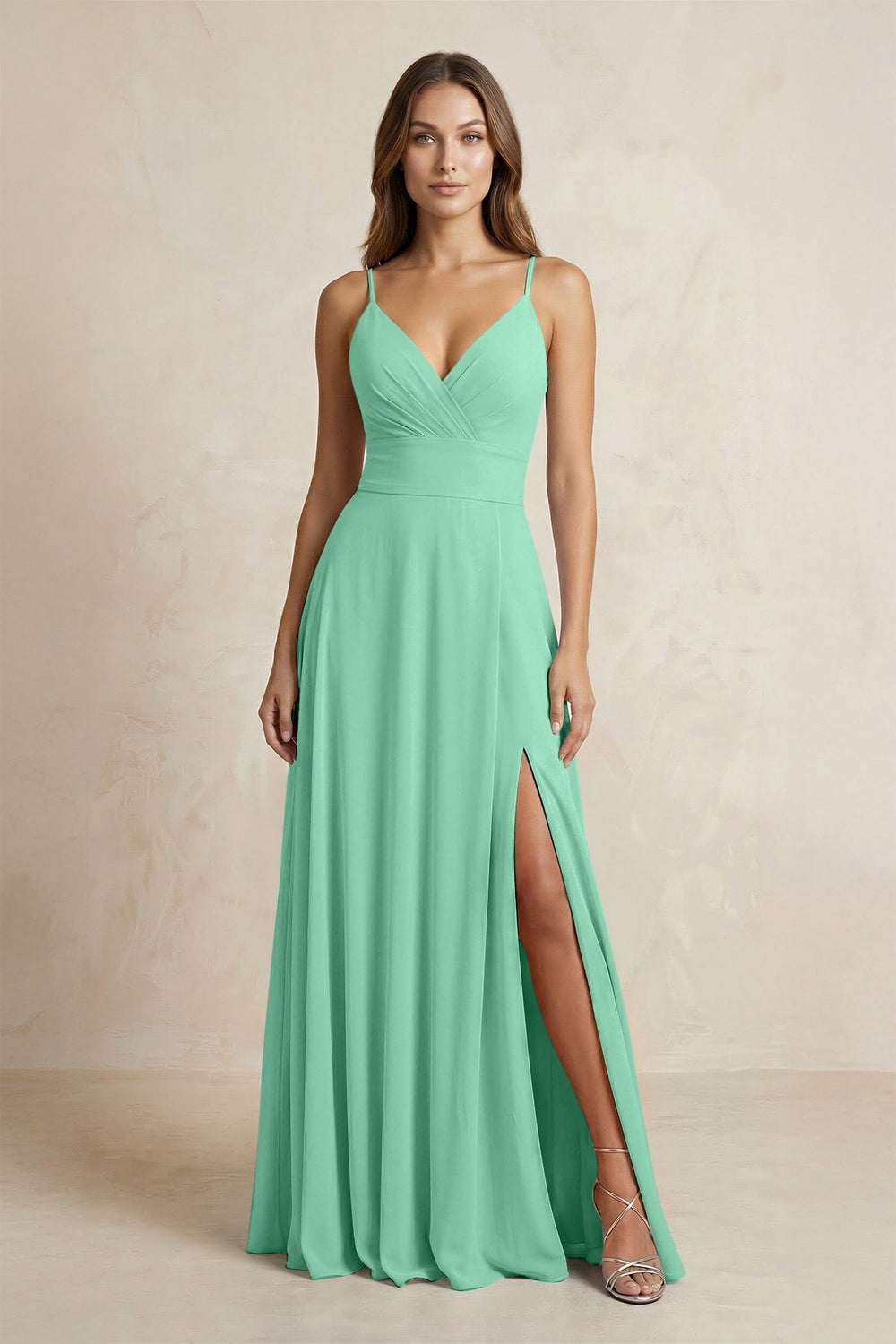 A - Line Cami Strap Chiffon Bridesmaid Dress With Slit in Turquoise - KISS BRIDAL Bridesmaid Dresses