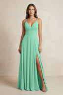 A - Line Cami Strap Chiffon Bridesmaid Dress With Slit in Turquoise - KISS BRIDAL Bridesmaid Dresses