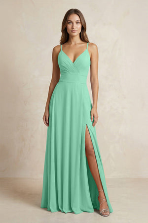 A - Line Cami Strap Chiffon Bridesmaid Dress With Slit in Turquoise - KISS BRIDAL Bridesmaid Dresses