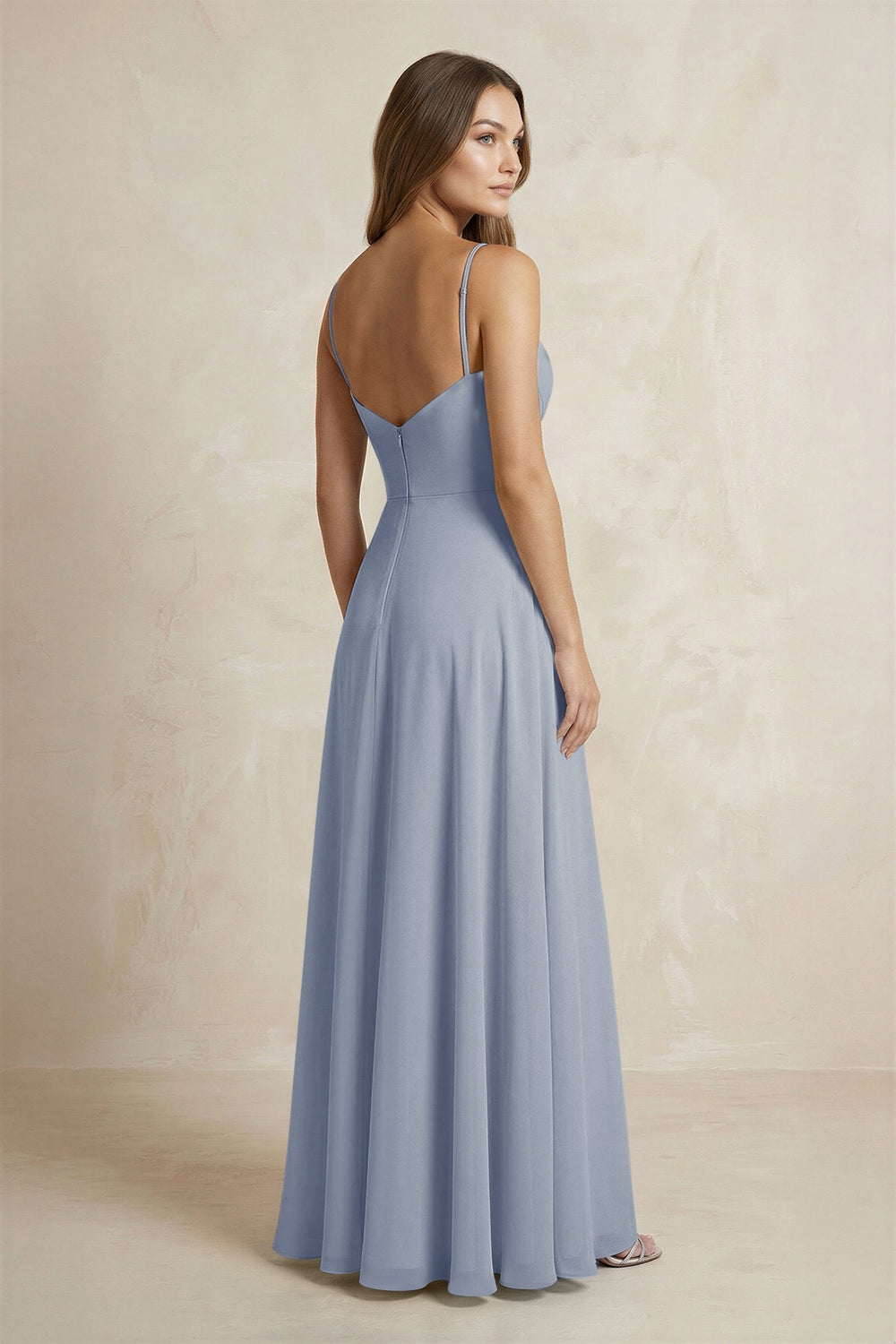 A - Line Cami Strap Chiffon Bridesmaid Dress With Slit in Twilight - KISS BRIDAL Bridesmaid Dresses