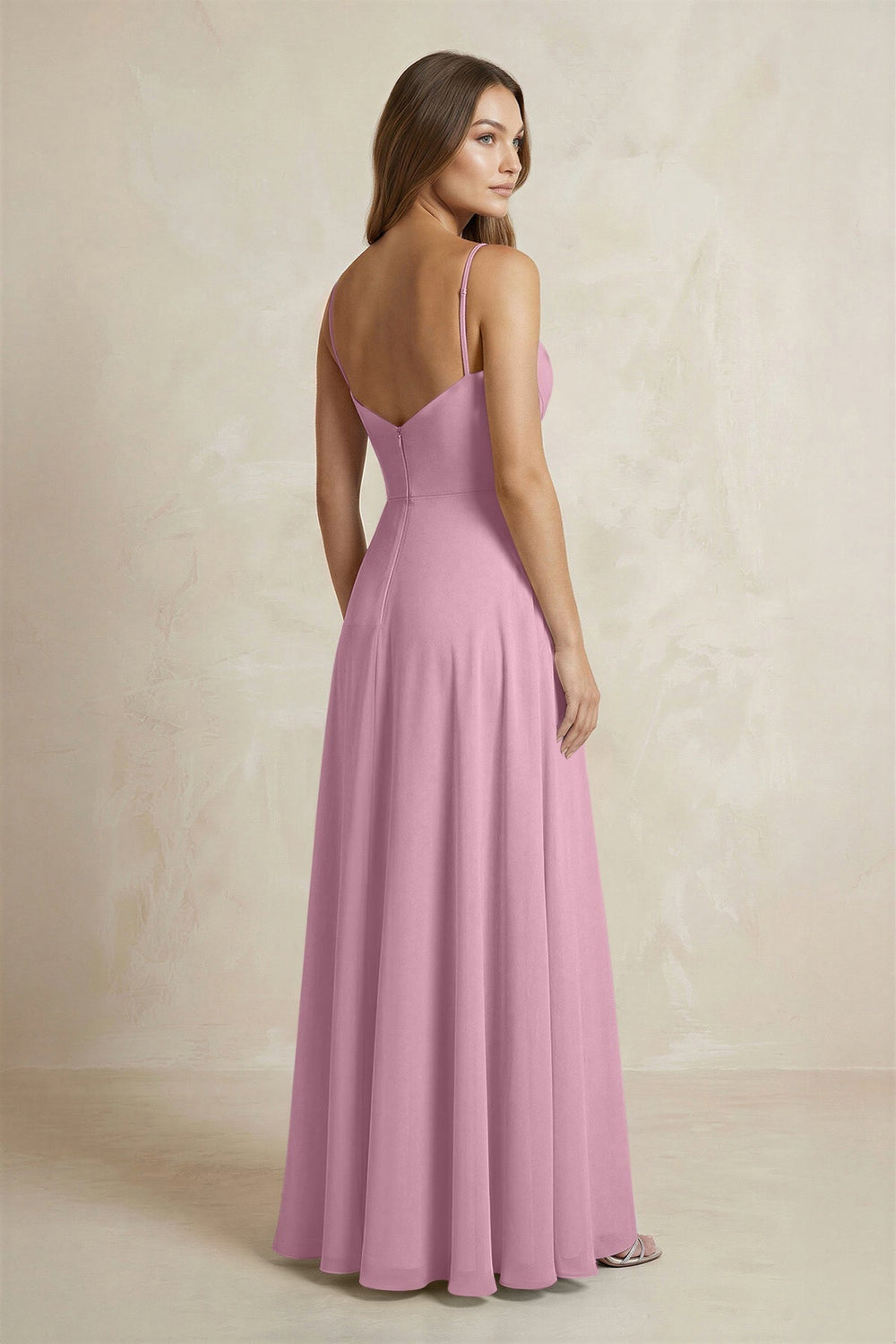 A - Line Cami Strap Chiffon Bridesmaid Dress With Slit in Vintage Mauve - KISS BRIDAL Bridesmaid Dresses