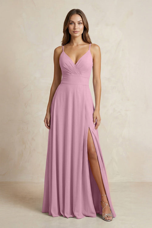 A - Line Cami Strap Chiffon Bridesmaid Dress With Slit in Vintage Mauve - KISS BRIDAL Bridesmaid Dresses