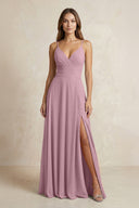 A-Line Cami Strap Chiffon Bridesmaid Dress With Slit in Vintage Mauve | KISSBRIDAL