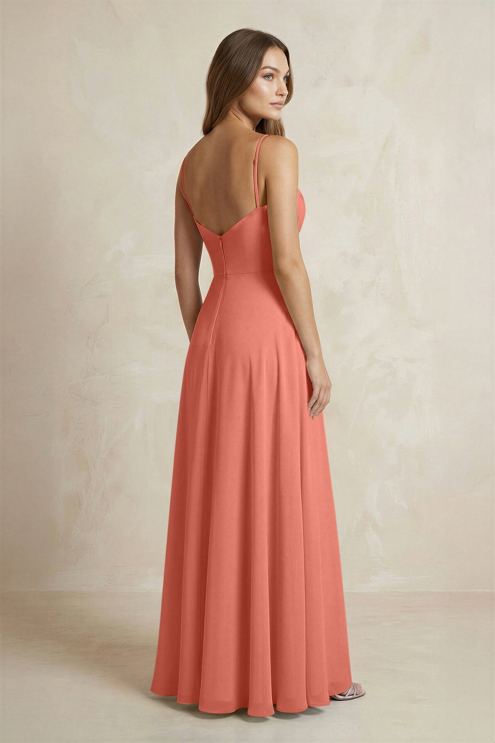 A - Line Cami Strap Chiffon Bridesmaid Dress With Slit in Wild Rose - KISS BRIDAL Bridesmaid Dresses