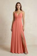 A - Line Cami Strap Chiffon Bridesmaid Dress With Slit in Wild Rose - KISS BRIDAL Bridesmaid Dresses
