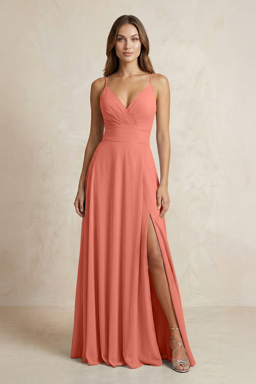 A - Line Cami Strap Chiffon Bridesmaid Dress With Slit in Wild Rose - KISS BRIDAL Bridesmaid Dresses