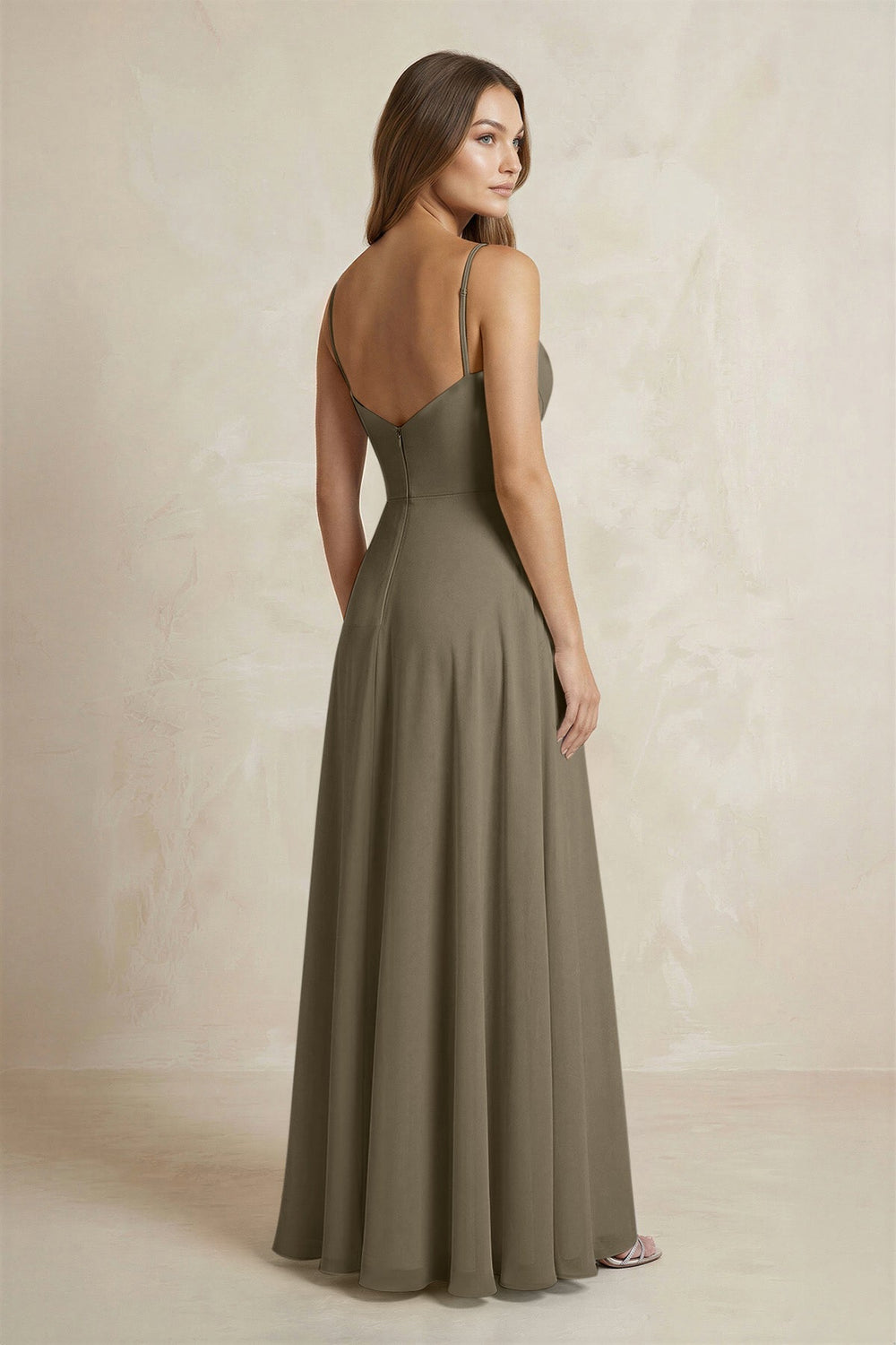 A - Line Cami Strap Chiffon Bridesmaid Dress With Slit in Willow Green - KISS BRIDAL Bridesmaid Dresses