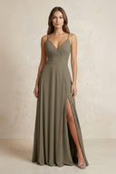A - Line Cami Strap Chiffon Bridesmaid Dress With Slit in Willow Green - KISS BRIDAL Bridesmaid Dresses