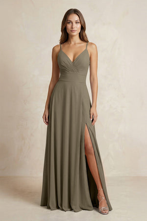 A - Line Cami Strap Chiffon Bridesmaid Dress With Slit in Willow Green - KISS BRIDAL Bridesmaid Dresses