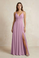 A - Line Cami Strap Chiffon Bridesmaid Dress With Slit in Wisteria - KISS BRIDAL Bridesmaid Dresses