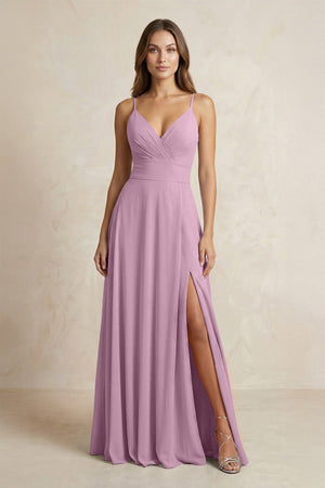 A - Line Cami Strap Chiffon Bridesmaid Dress With Slit in Wisteria - KISS BRIDAL Bridesmaid Dresses