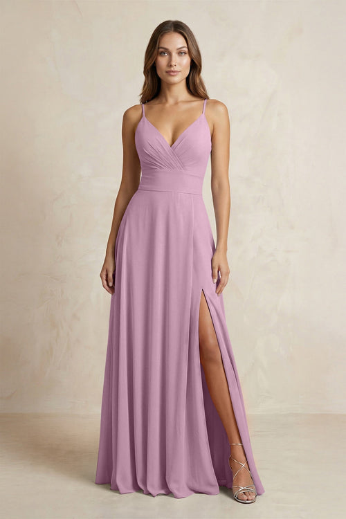 A - Line Cami Strap Chiffon Bridesmaid Dress With Slit in Wisteria - KISS BRIDAL Bridesmaid Dresses