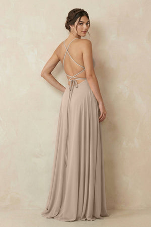 A - Line Chiffon Bridesmaid Dress With Slit in Almond - SHE IS ME Bridesmaid Dresses