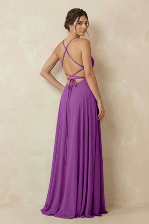 A - Line Chiffon Bridesmaid Dress With Slit in Amethyst - SHE IS ME Bridesmaid Dresses